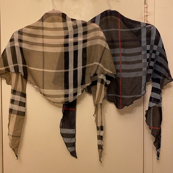 Accessories - Two Semi-Sheer Designer Inspired Plaid Pattern Triangle Scarves in Tan and Blue